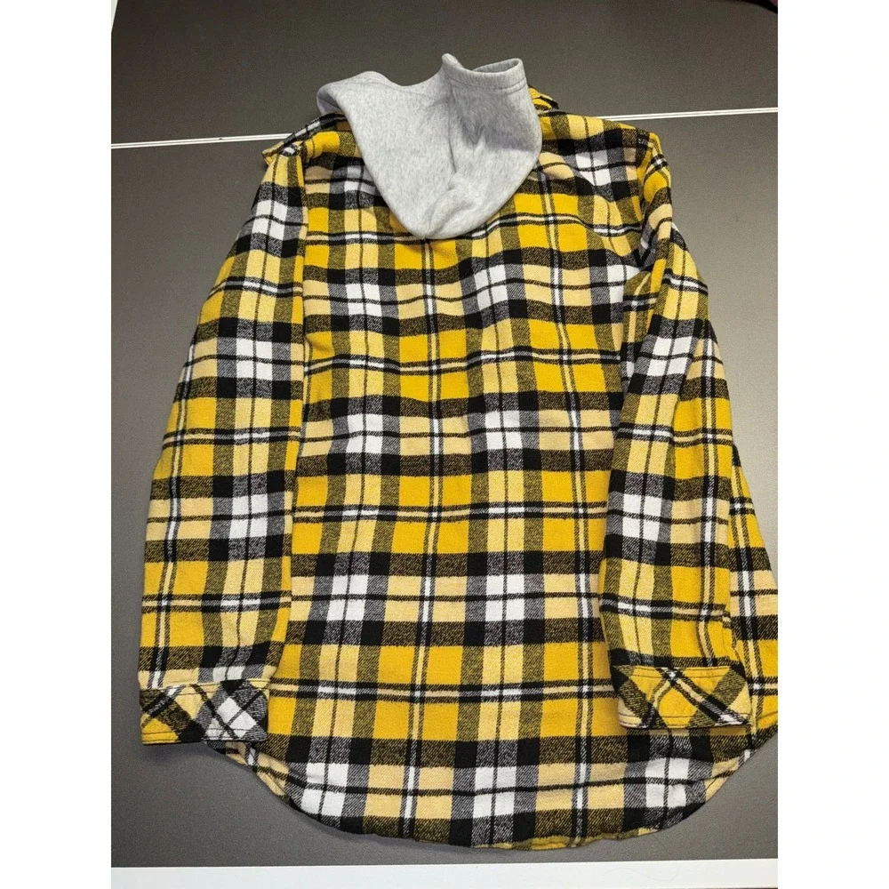 Yellow Plaid Sherpa Lined Hooded Flannel Jacket Zip Up‎ Layered Hoodie Shirt